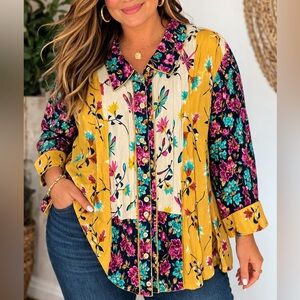 Multiples Women’s 2X Floral Patchwork Button Front Blouse Yellow Print Boho Top
